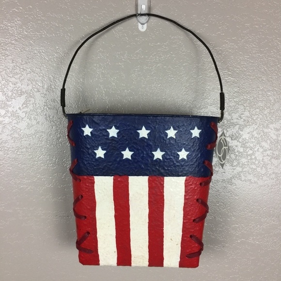 Dept. 56 Painted Flag Hanging Metal Bucket Door Decoration with Flowers New - Picture 1 of 9